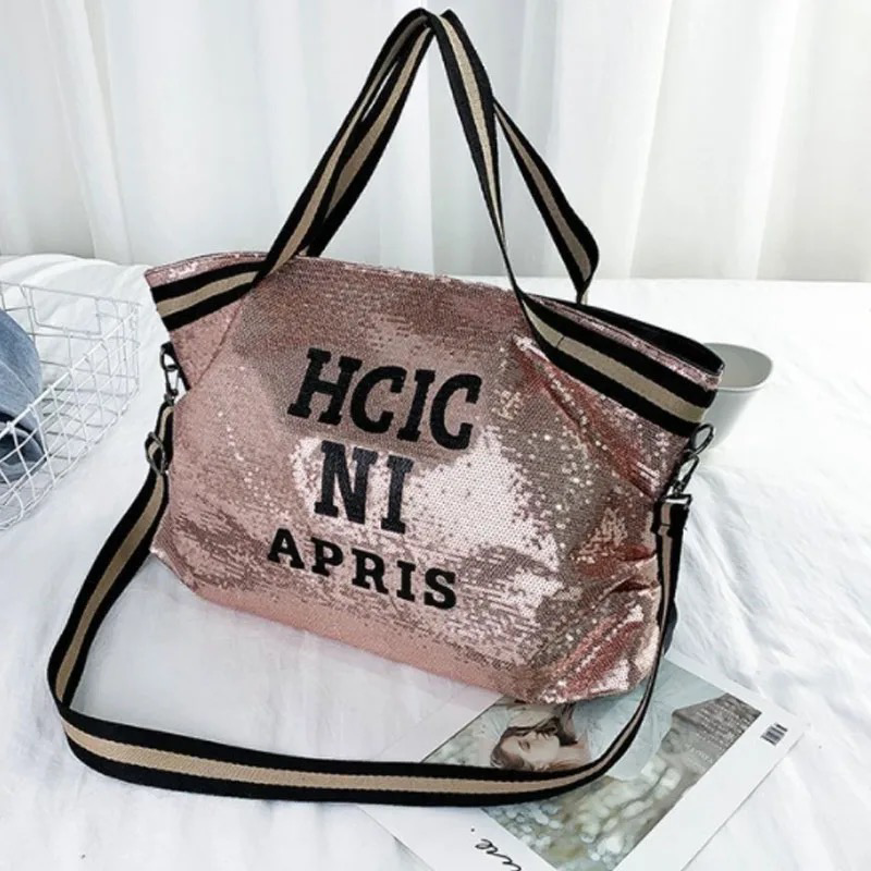 Bling Sequins Shoulder Bags Big Capacity Female Handbag For Lady Travel Large Tote Letter Printed Crossbody Bags