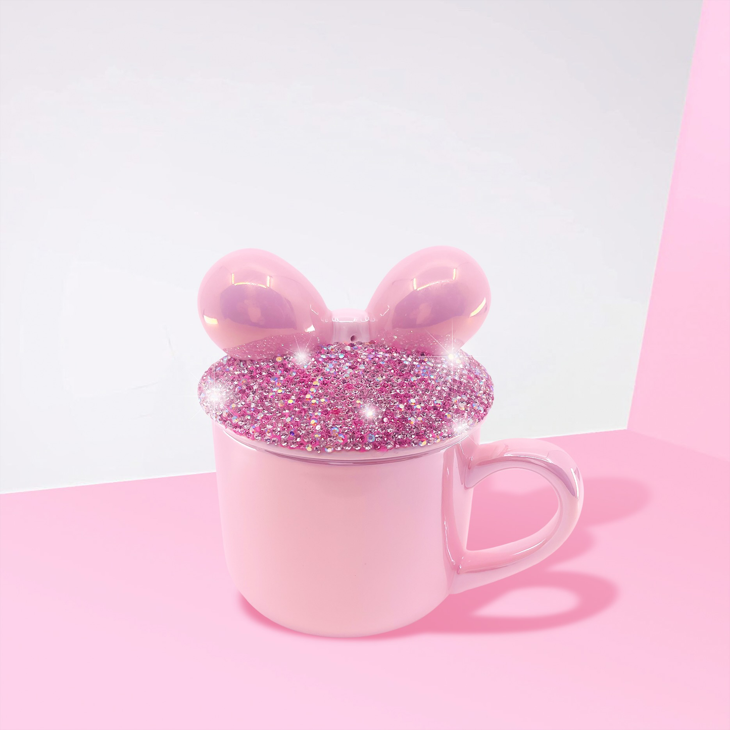 Beautiful Cute Bling Pink Ribbon Bow Mug Cup with the lid