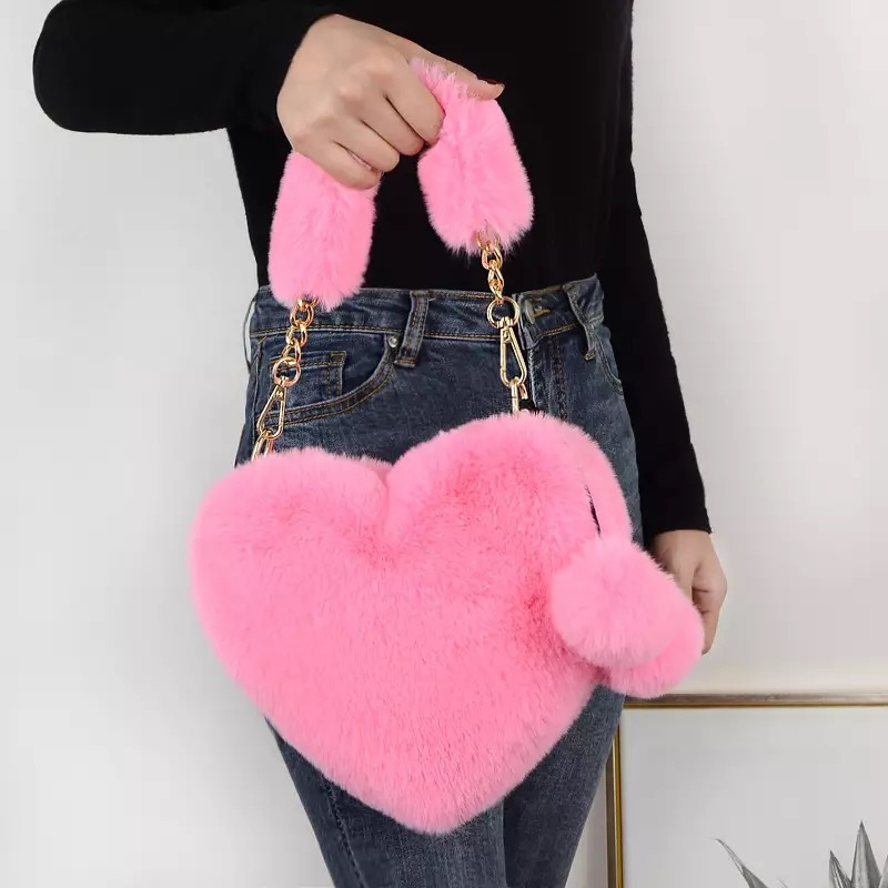 Rejolly Heart Shaped Faux Fur Handbag for Women Soft Furry Fluffy Small  Shoulder Bag Clutch Purse with Pom Poms Khaki : Amazon.in: Fashion