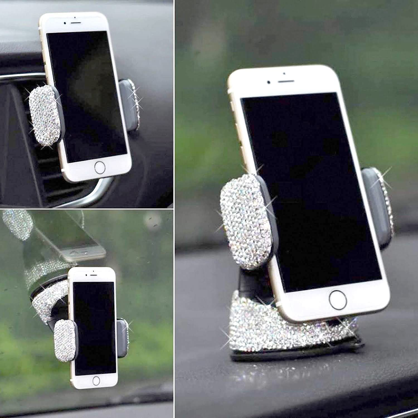 TISHAA Bling Car Phone Mount –Stand Suction Holder Rhinestone Crystal Glitter Universal Air Vent 360 Adjustable Windshield Dashboard Cute Accessories iPhone Android (White 360)