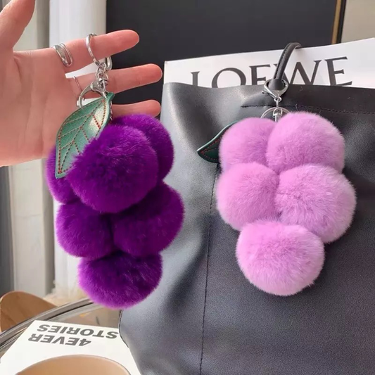 Fluffy Rabbit Fur Oversized Grape PomPom Keychain Bag Ring Accessory Pendant Car Key