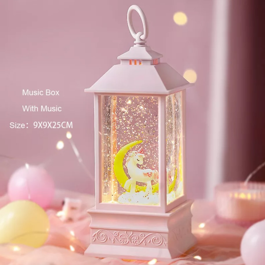 Rotating Beautiful Pink Snow Lantern Falling Shaker Snow Light Up Green House Moon Happy Pink Unicorn Music Box