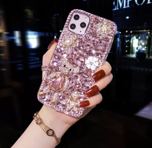 Bling Diamond Rhinestone Pink Bear Flower Adorable iPhone 12/13/14 Pro Max Case