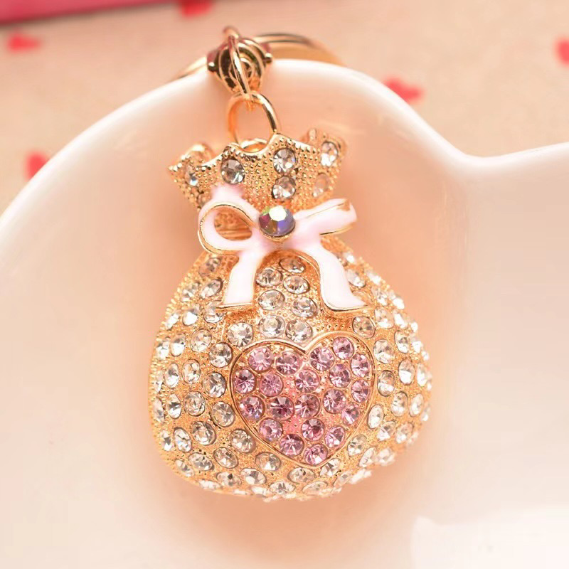 Adorable Gold Bag Pouch with Heart and Ribbon Bow Bling Rhinestone Keychain Keyring for Car Key