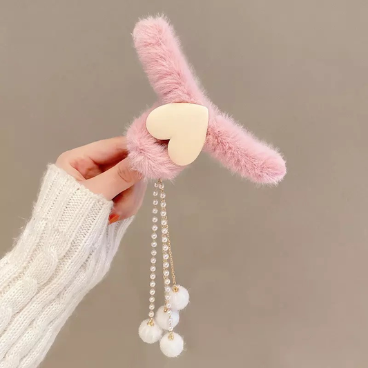 Plush Bow Tassel Claw Clip Hair Clip with Heart, Perfect for Thick Hair