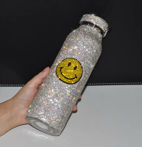 JET SMILEY FACE RHINESTONE WATER BOTTLE