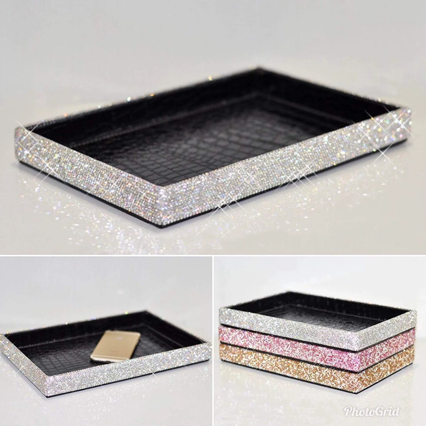 Bling Vanity Crystal Rhinestone Makeup Tray Makeup Organizer for Bathroom Bedroom